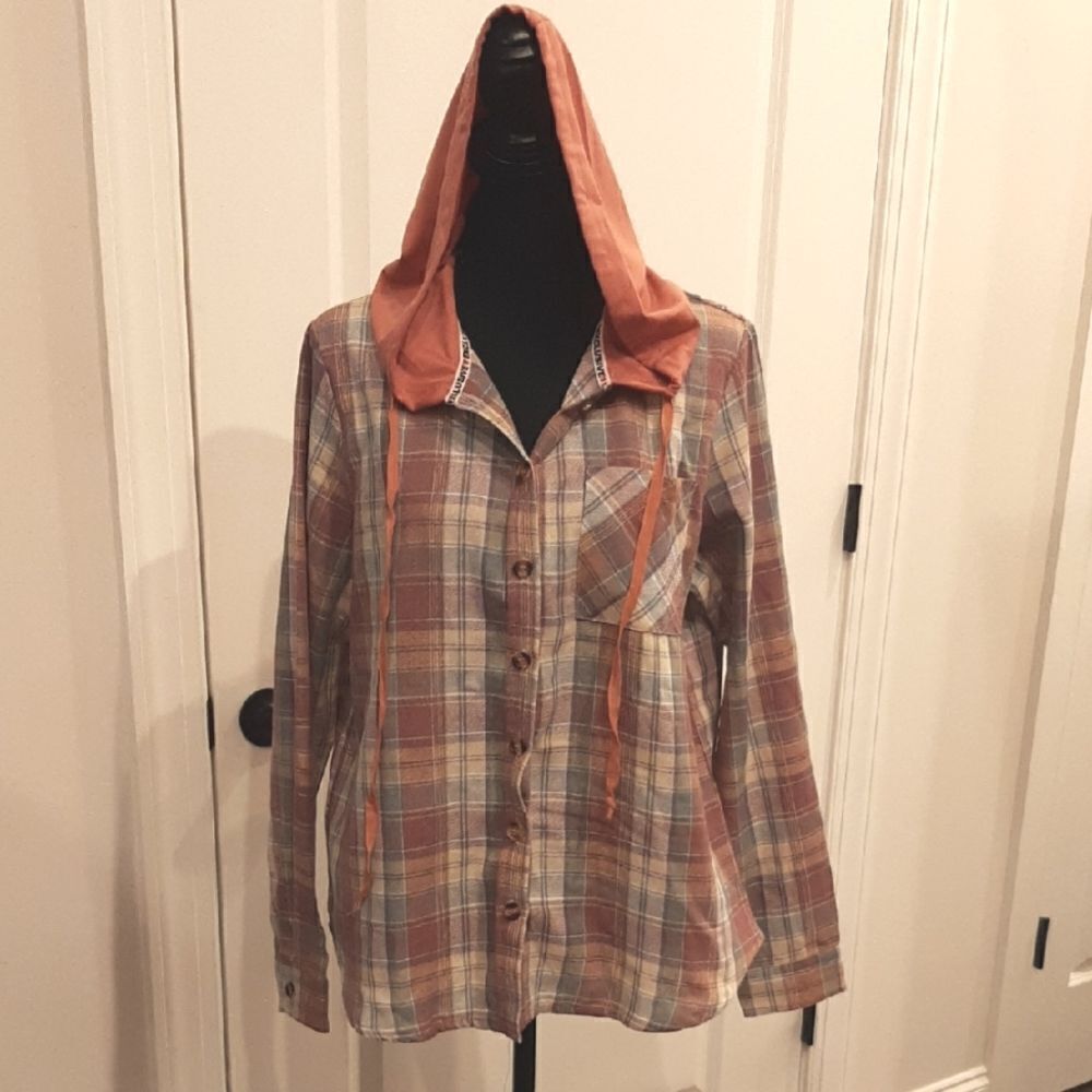 Hooded Button Down Shirt with Rust Hood and Rose Plaid